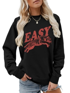 Detail of black crewneck sweatshirt with red Tiger and Easy distressed graphic print