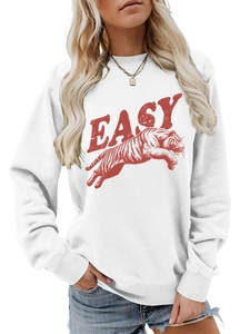 Close-up of ribbed crew neck and vintage tiger print on white long sleeve sweatshirt