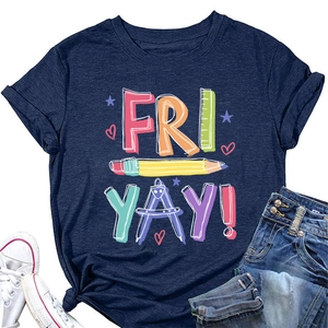 Flat lay of navy blue cotton T-shirt with Fri-Yay stationery themed graphic print