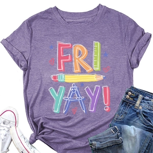 Detail of purple Fri Yay t-shirt with teacher theme graphics and casual knot styling