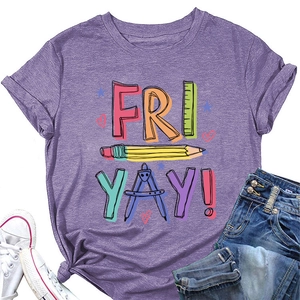 Detail of purple cotton T-shirt featuring creative FRI YAY pencil and stationery graphics