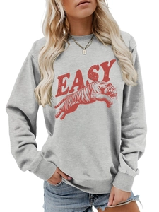 Detail of red EASY letters and tiger graphic print on grey cotton crewneck sweatshirt