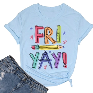 Detail view of Fri Yay pencil creative print on light blue crewneck short sleeve t-shirt