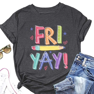 Flat lay of women's grey Fri-Yay t-shirt with pencil graphics and casual accessories