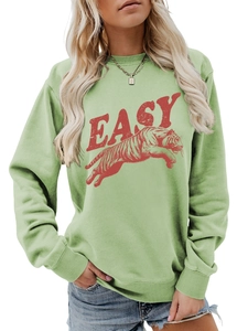 Detail of red silk-screen Tiger and EASY print on light green long sleeve sweatshirt