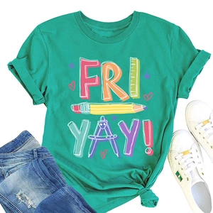 Flat lay of teal Fri Yay pencil graphic tee with jeans and sneakers on white background