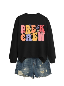Close-up of Pre-K Crew graphic sweatshirt and distressed denim shorts outfit set