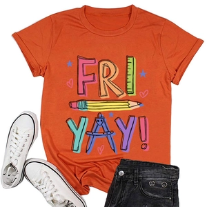 Detailed flat lay of orange Fri Yay pencil graphic tee with denim shorts and shoes