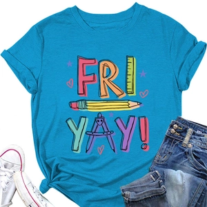 Flat lay of peacock blue t-shirt with Fri Yay pencil print and casual denim styling