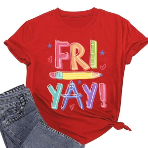 Detail of red cotton T-shirt featuring 'FRI YAY!' graphic print and casual side-knot style