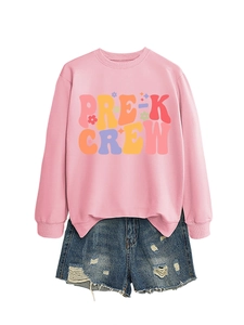 Detail of pink PRE-K CREW sweatshirt paired with distressed denim shorts for kids