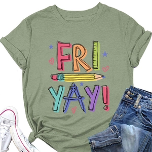 Detail of sage green T-shirt with Fri-Yay text and pencil school supply graphics