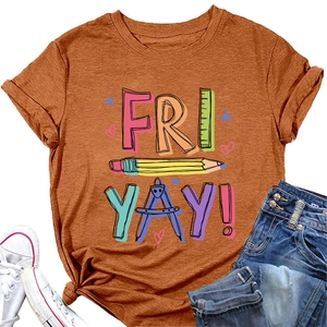 Flat lay of rust red t-shirt with Fri Yay pencil print styled with denim shorts