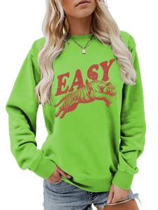 Detail of green crewneck sweatshirt featuring a vintage red tiger print and EASY text