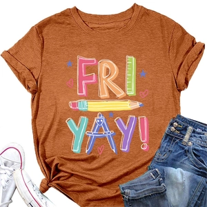 Detail of orange t-shirt with Fri-Yay lettering and school stationery patterns
