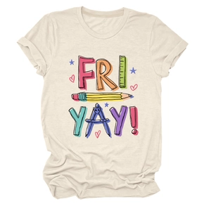 Close-up of Fri Yay pencil graphic print on beige crew neck short sleeve cotton T-shirt