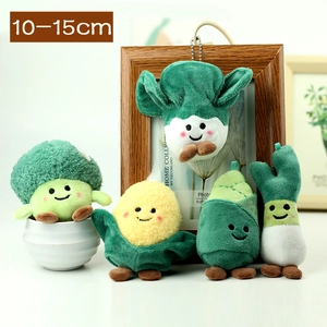 Cute vegetable plush keychains including broccoli and corn, soft toys with metal chains