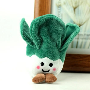 Macro detail of plush Chinese cabbage toy with cute face and soft fabric texture