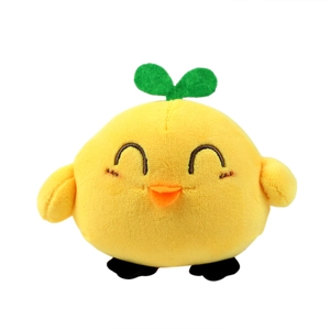 Cute yellow plush chick toy with green sprout leaves and embroidered smiley face