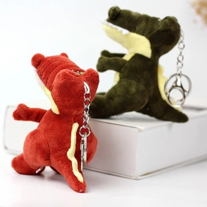 Dettaglio di portachiavi a coccodrillo in peluche rosso e verde con anelli in metallo