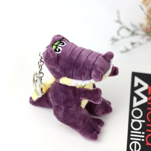 Dettaglio del portachiavi a forma di coccodrillo in peluche viola con anello in metallo
