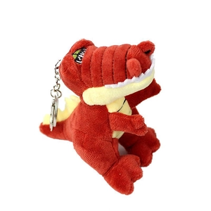 Simpatico portachiavi dinosauro in peluche rosso con dettagli gialli e gancio in metallo