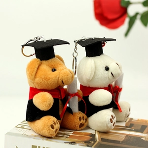 Détails de porte-clés ours en peluche diplômé avec toque et robe sur un livre blanc
