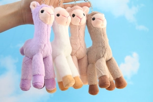 Fluffy alpaca plush keychains in four pastel colors with metal rings on hand held detail
