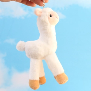 Close-up of white alpaca plush keychain with silver metal clip and fluffy texture
