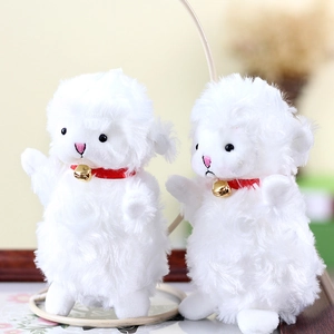Plush white sheep keychain set with red collars and golden bells for backpacks
