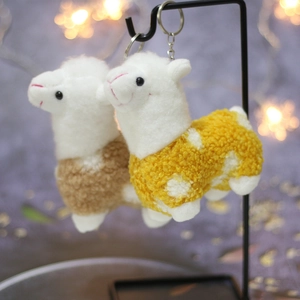 Detail view of colorful plush alpaca keychains with soft curly fur and metal rings