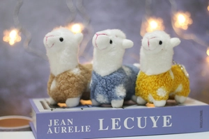 Detail of plush alpaca keychains featuring soft curly fleece texture and cute pastel colors