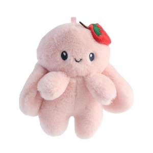 Cute pink plush rabbit keychain charm with strawberry detail for bags and gifts