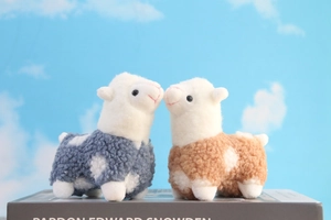 Detailed view of two small alpaca plush toys in blue-grey and tan woolly fleece material