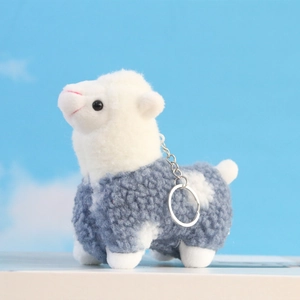 Detail of blue curly plush alpaca keychain with a metal chain and soft white accents
