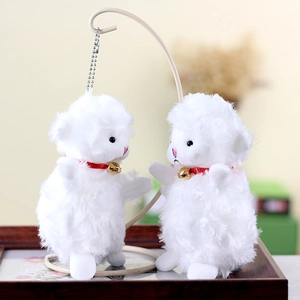 Cute white plush sheep keychain pair with red collars and bells for bags and keys