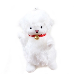 Cute white plush lamb keychain with a red ribbon collar and golden bell on white background