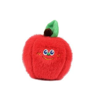 Cute red plush apple toy with cartoon face and green leaf detail on white background
