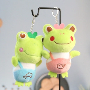 Cute Plush Frog Keychain Soft Stuffed Animal Toy With Overalls Embroidery Long Leg Bag Pendant Kawaii Cartoon Gift