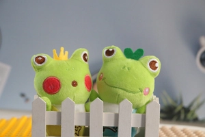 Detail of plush frog keychains with cute crown and heart embroidery on white fence