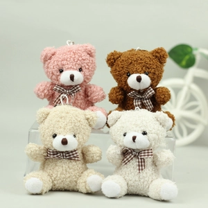 Mini Teddy Bear Plush Keychain Soft Curly Fleece Toy Pendant With Checkered Bow Tie For Bag Charm Car Key Accessory