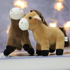 Cute plush horse keychain set in brown and tan with soft fur and metal ring for bags
