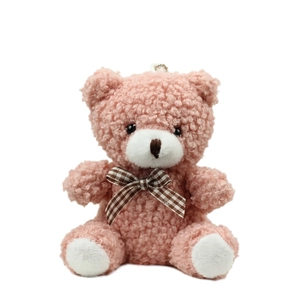 Pink plush teddy bear keychain with a plaid bowtie and silver metal chain link