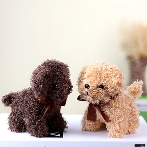 Detail of curly plush texture and silk bow on brown teddy dog stuffed animals