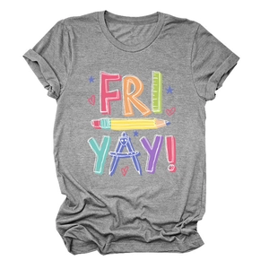 Detail of grey crewneck T-shirt featuring school stationery Fri-Yay pencil graphic