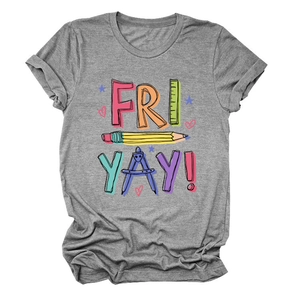 Detail of grey crewneck T-shirt featuring FRI YAY pencil and stationery graphic print