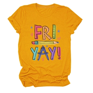 Close-up of mustard yellow t-shirt featuring colorful Fri Yay pencil graphics and motifs
