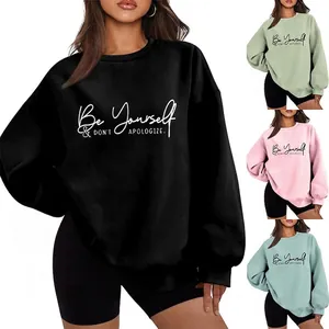 Women Round Neck Sweatshirt Long Sleeve Oversized Slogan Printed Cotton Blend Fleece Streetwear Casual Top