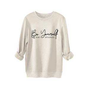 Women's cozy fleece sweatshirt in apricot beige with Be Yourself printed quote