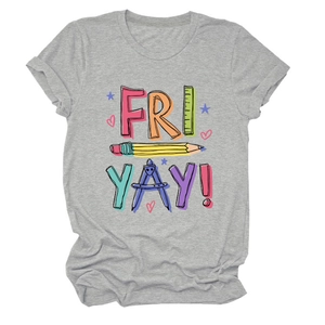 Detail of grey Fri Yay t-shirt with colorful pencil and stationery graphic print